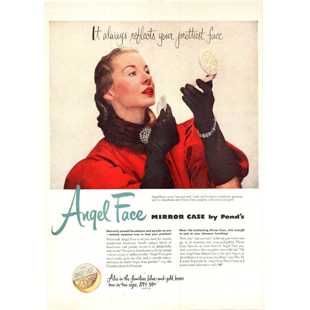 1951 Pond's Angel Face Mirror Case Makeup Vintage Print Ad 50s Fashion Wall Art